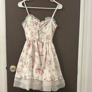 Floral Lace-Up Coquette Cottagecore Dress XS Layered Tulle Hem